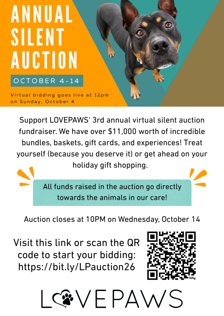 LOVEPAWS Annual Silent Auction flyer, October 4-14, online bidding for rescue dog fundraiser